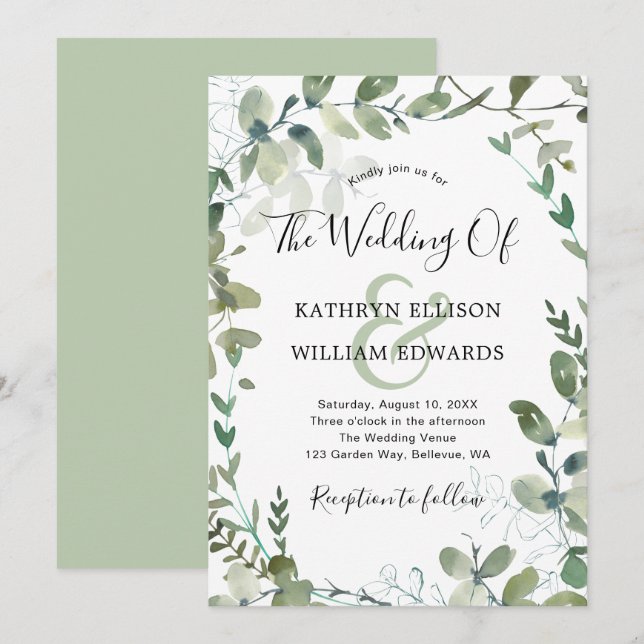 Rustic Modern Eucalyptus Green Wedding Invitation (Front/Back)