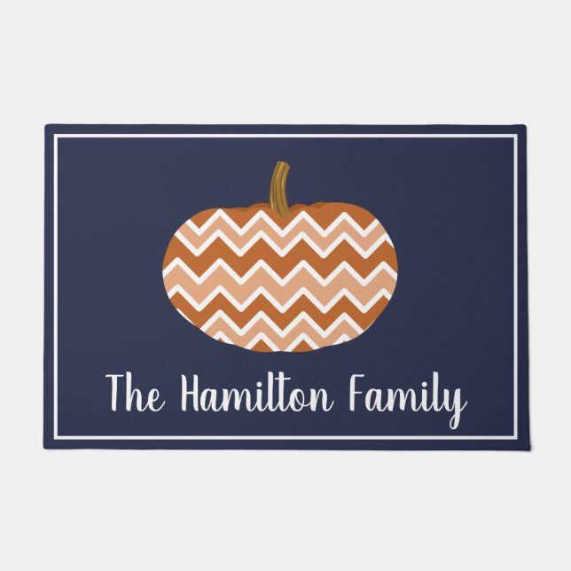 Rustic Modern Fall Chevrons Pumpkin | Personalised Doormat (Front)