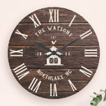 Rustic Modern Farmhouse Custom Family Name Retro<br><div class="desc">Personalised Family Name, city, state and year established Rustic Modern Wall clock in a trendy farmhouse style design with roman numeral clock face, barn illustration, and light white wood plank / shiplap backdrop design. Perfect gift for newlyweds, wedding or housewarming present or grandparents gift, or for a home make-over in...</div>