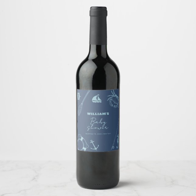 Rustic Modern Fishing Nautical Boy Baby Shower  Wine Label (Front)