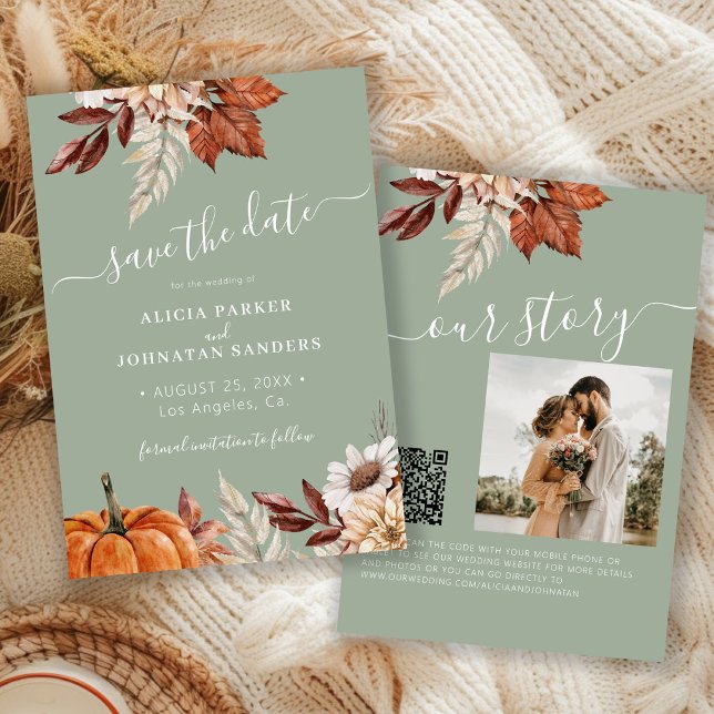 Rustic modern floral QR code sage green wedding Save The Date (Creator Uploaded)