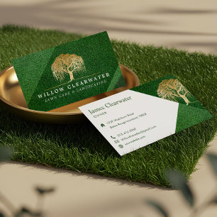 Rustic Modern Green & Gold Willow Tree Landscaping Business Card