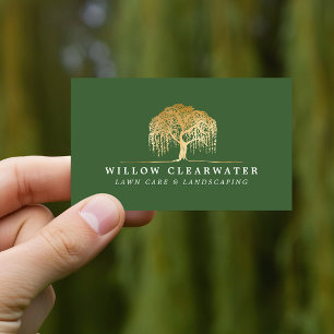 Rustic Modern Green & Gold Willow Tree Landscaping Business Card