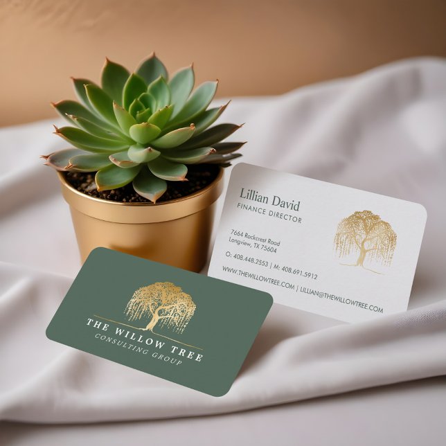 Rustic Modern Green & Gold Willow Tree Logo Business Card (Rustic Modern Green & Gold Willow Tree Logo Business Card)