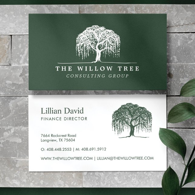Rustic Modern Green & White Willow Tree Logo Business Card (Creator Uploaded)