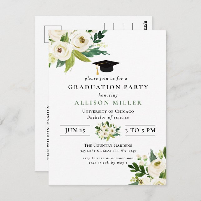 Rustic Modern Greenery Ivory Floral Graduation  In Postcard (Front/Back)