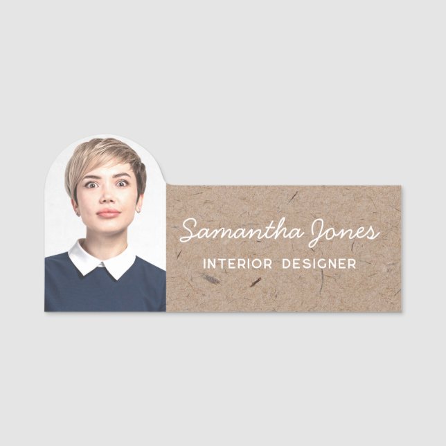 Rustic Modern handwritten script photo recycled Name Tag (Front)