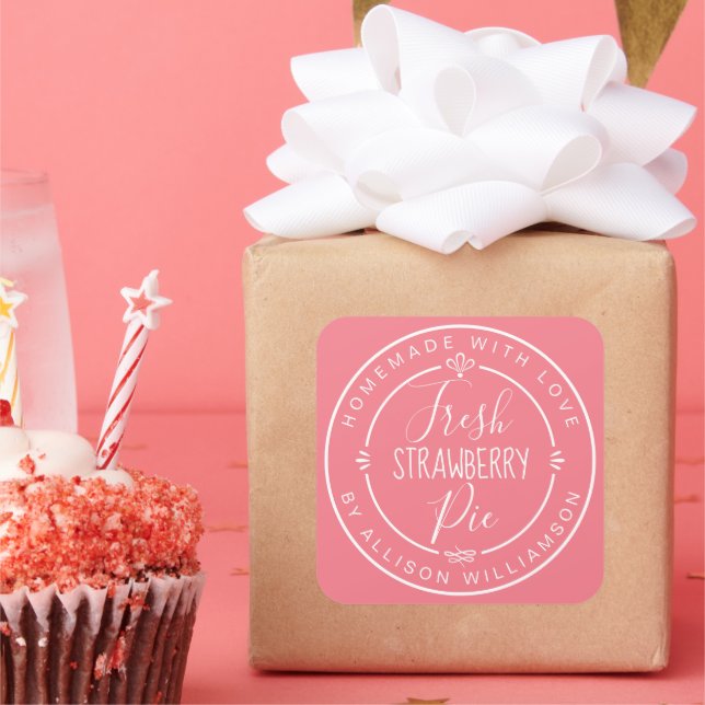 Rustic Modern Homemade Fresh Strawberry Pie Pink Square Sticker (Party)