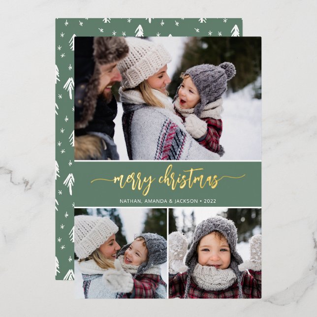 Rustic Modern Merry Christmas Three Photo (Front/Back)