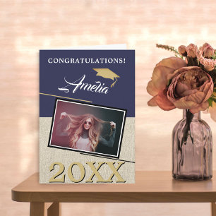 Rustic Modern Navy Blue Graduate Photo Graduation Card