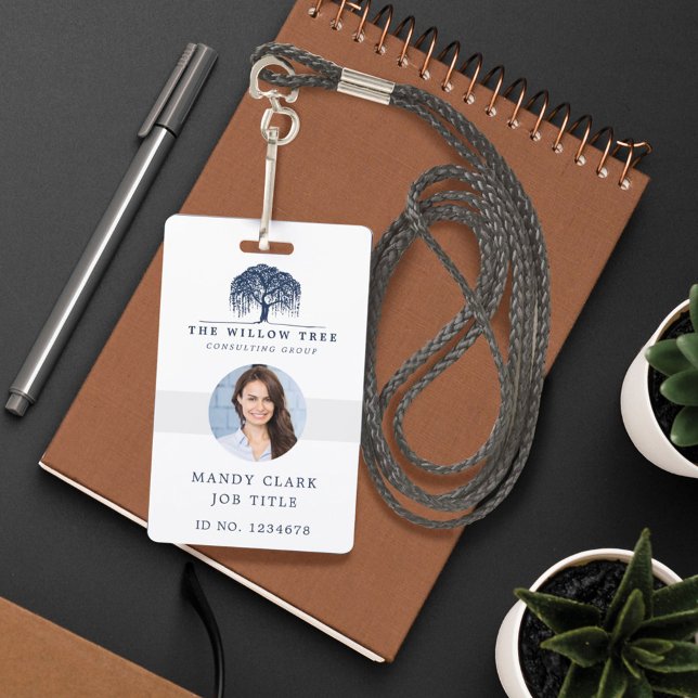 Rustic Modern Navy & White Willow Tree Logo Photo ID Badge (Creator Uploaded)