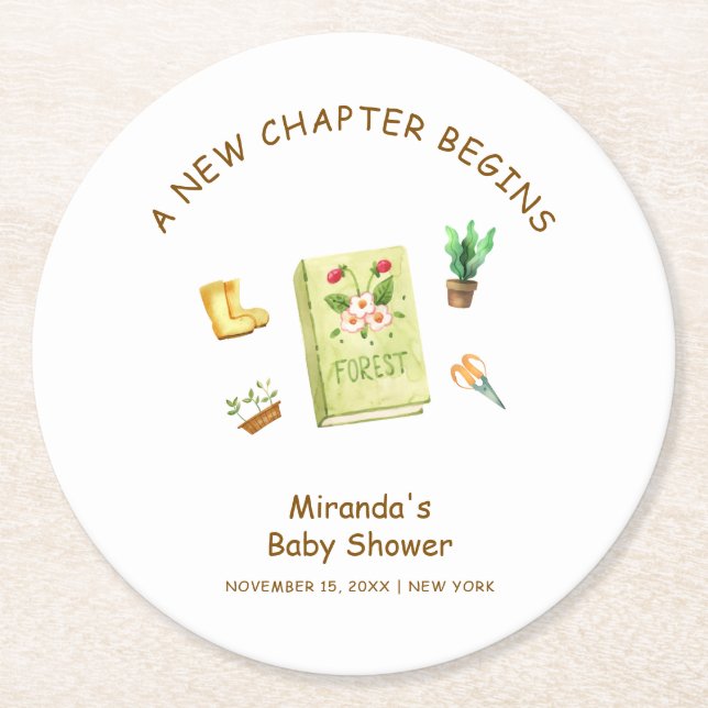 Rustic Modern New Chapter Garden Book Baby Shower  Round Paper Coaster (Front)
