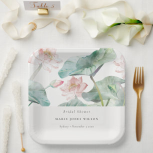 Rustic Modern Pastel Blush Waterlily Bridal Shower Paper Plate