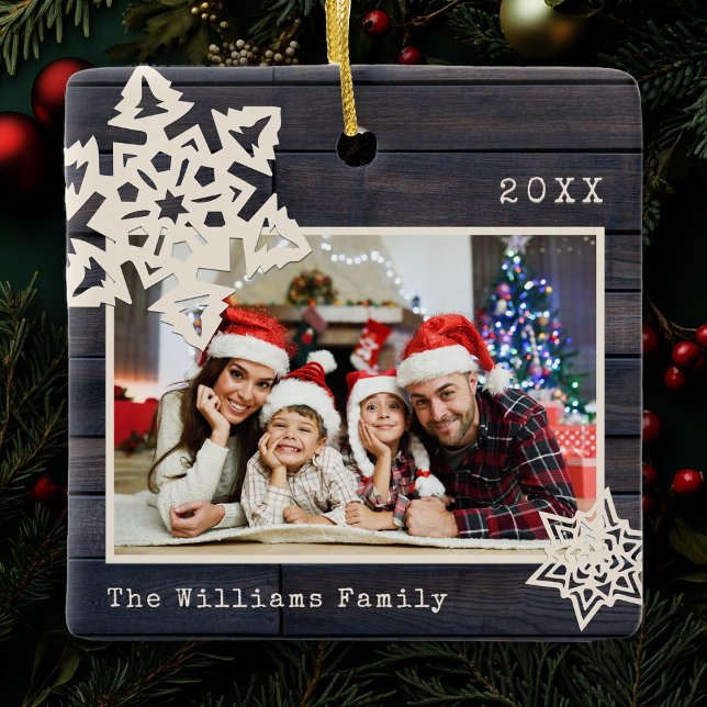 Rustic Modern Photo DIY Snowflake Family Name Wood Ceramic Ornament (Creator Uploaded)