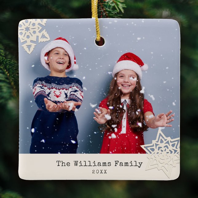 Rustic Modern Photo Snowflake Family Name Ceramic Ornament (Creator Uploaded)