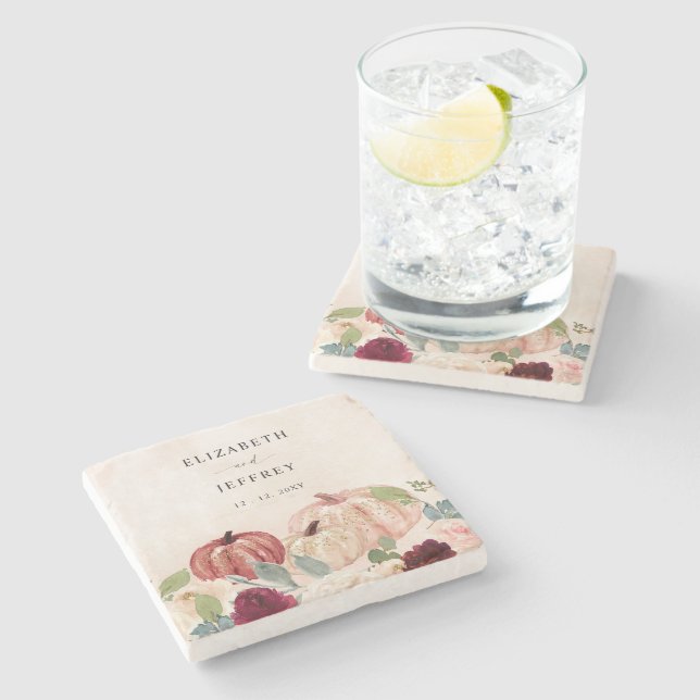 Rustic Modern Pumpkins Country Fall Wedding Stone Coaster (Side)