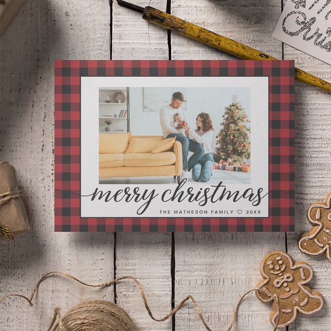 Rustic Modern Red black Plaid Christmas Photos Holiday Card (Red Black buffalo plaid photo Merry Christmas card.)