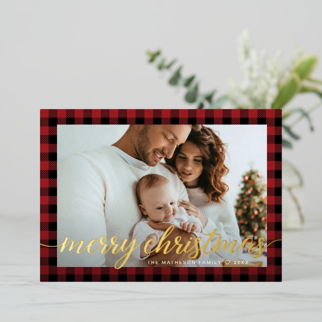 Rustic Modern Red black plaid photo Christmas (Standing Front)