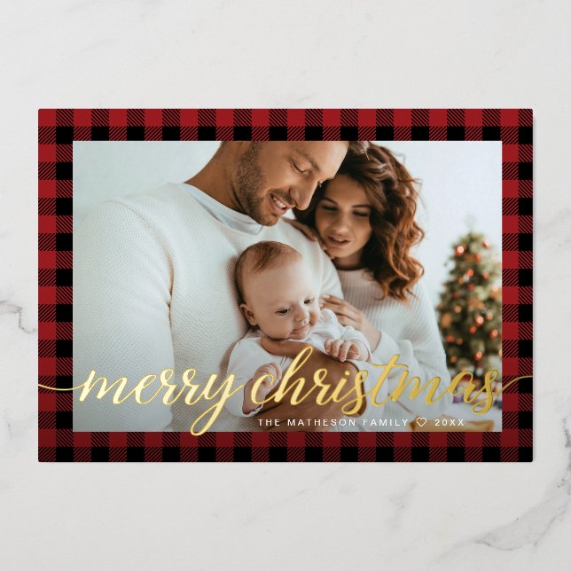 Rustic Modern Red black plaid photo Christmas (Front)
