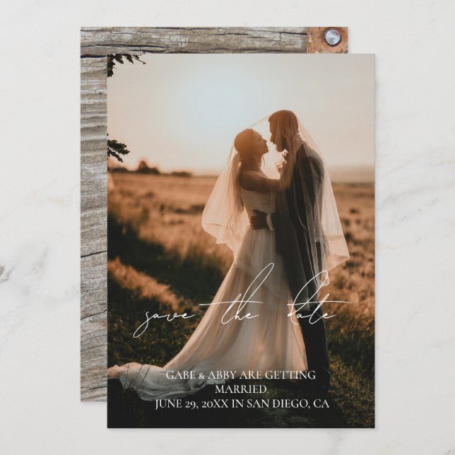 Rustic Modern Script Wedding Photo Save the Date  Invitation (Front/Back)
