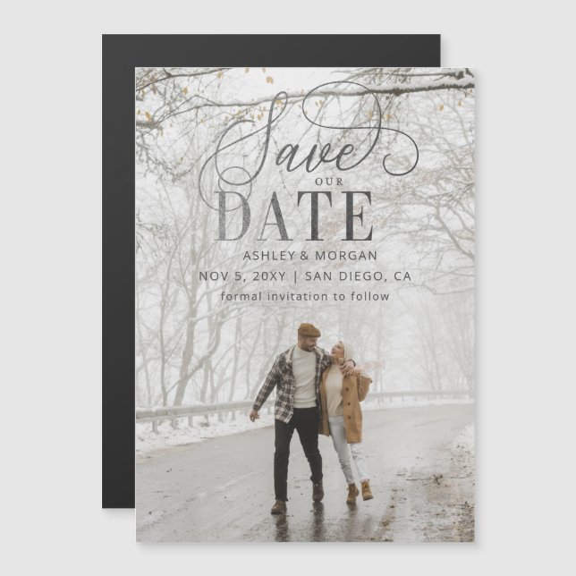 Rustic Modern Silver Script Photo Save the Date Magnetic Invitation (Front/Back)