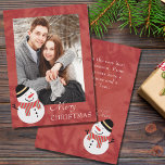 Rustic Modern Snowman Photo Merry Christmas Holiday Card<br><div class="desc">Warm red with pine boughs background is paired with a happy snowman design. These custom rustic photo Christmas cards also include your personal message to family and friends. Simple,  festive and easily personalised by you.</div>