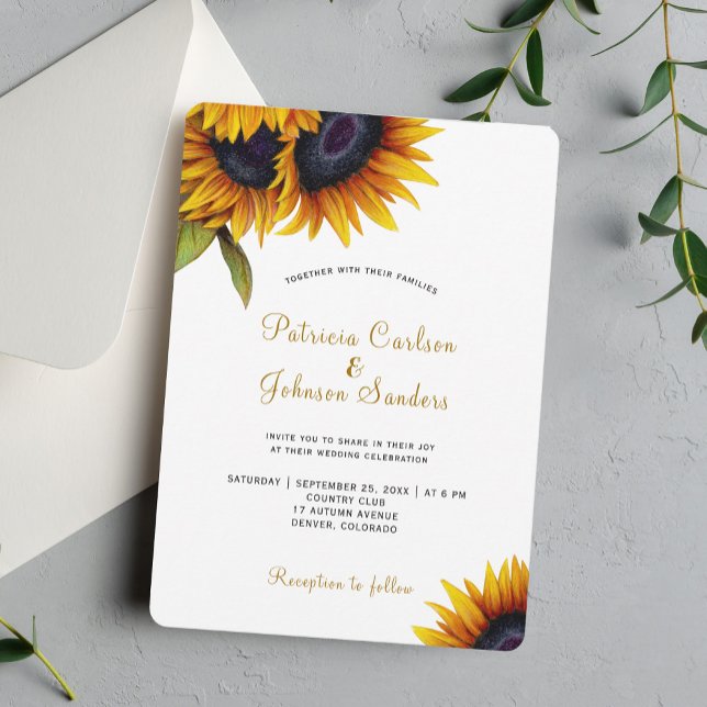 Rustic modern sunflower wedding invitation (With ROUNDED CORNERS option)