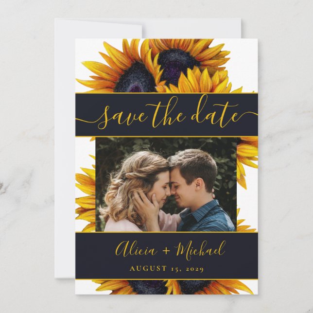 Rustic modern sunflowers chic script wedding photo save the date (Front)