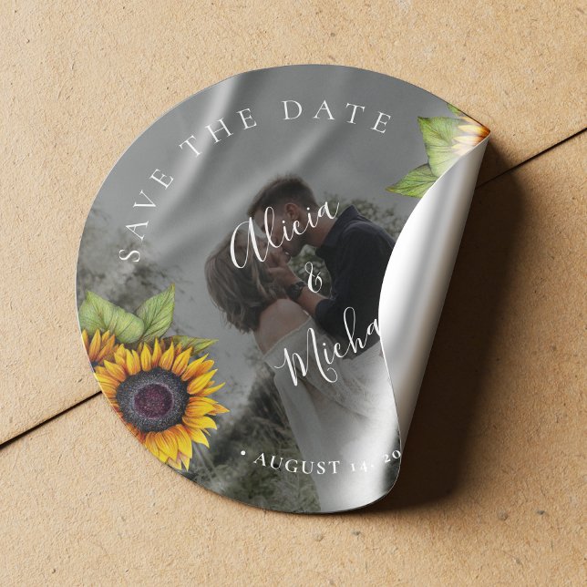 Rustic modern sunflowers photo wedding save date classic round sticker (Creator Uploaded)
