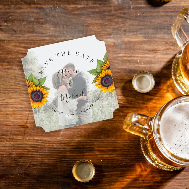 Rustic modern sunflowers photo wedding save date paper coaster (Creator Uploaded)