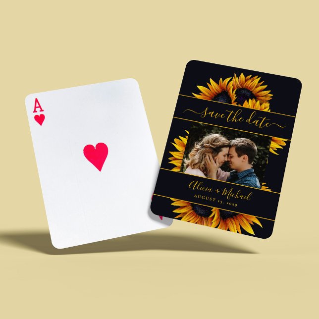 Rustic modern sunflowers photo wedding save date playing cards (Creator Uploaded)