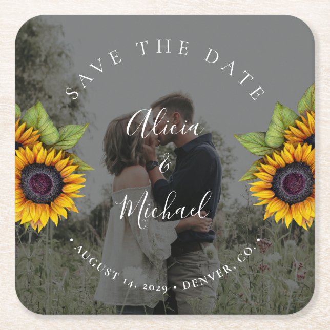 Rustic modern sunflowers photo wedding save date square paper coaster (Front)
