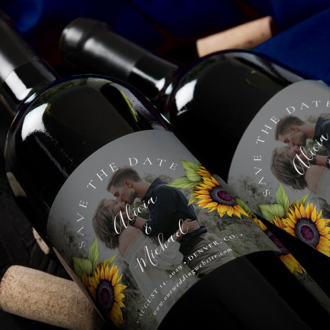Rustic modern sunflowers photo wedding save date wine label (Creator Uploaded)