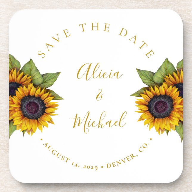 Rustic modern sunflowers simple wedding save date coaster (Front)