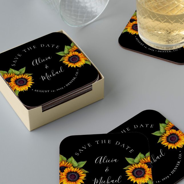 Rustic modern sunflowers simple wedding save date coaster (Creator Uploaded)