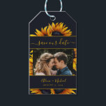 Rustic modern sunflowers wedding photo save date gift tags<br><div class="desc">Beautiful and easy to personalise photo wedding save the date favour gift tag with vibrant yellow-gold hand-painted sunflowers and elegant stripes with a trendy modern script over a dark midnight blue background. Suitable for summer and autumn fall garden backyard outdoor rustic modern weddings. The colours are changeable. If you need...</div>
