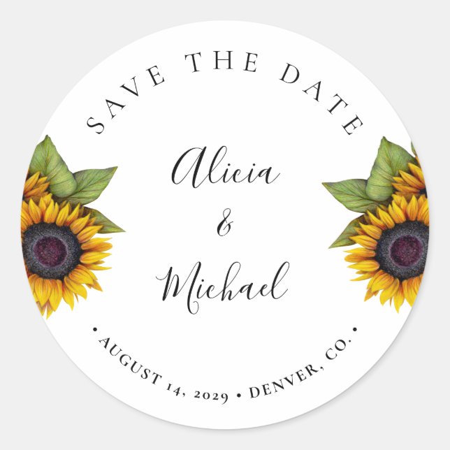 Rustic modern sunflowers wedding save date classic round sticker (Front)