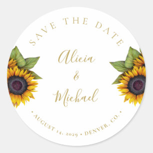 Rustic modern sunflowers wedding save date classic round sticker