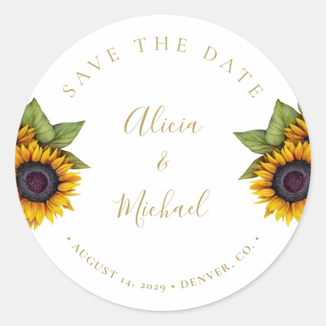 Rustic modern sunflowers wedding save date classic round sticker (Front)