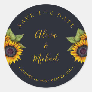 Rustic modern sunflowers wedding save date classic round sticker