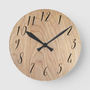 Rustic Modern Unfinished Wood Pattern Printed Round Clock