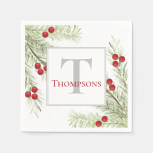 Rustic Modern Watercolor Holiday Monogram Napkin
