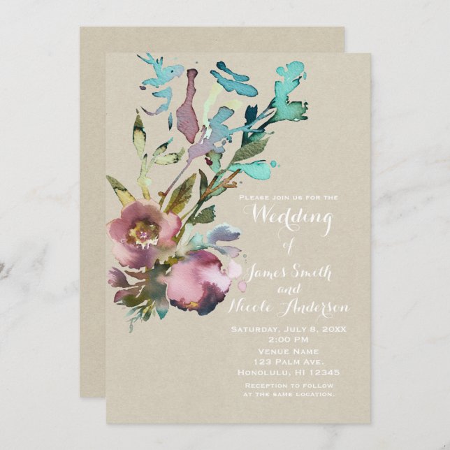 Rustic Modern Watercolor Splash Floral Wedding Invitation (Front/Back)