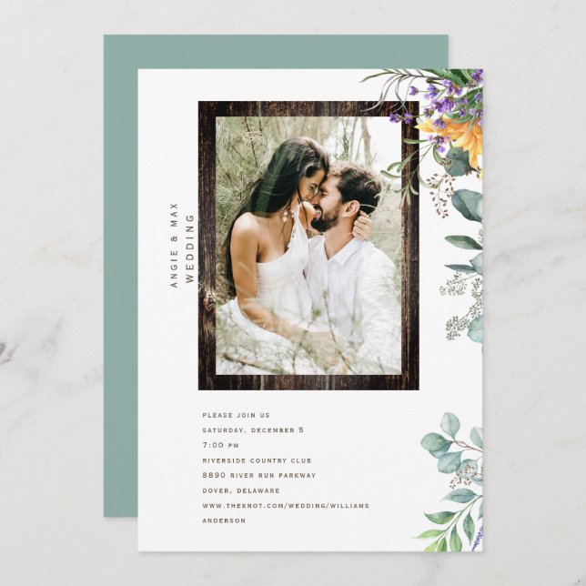 Rustic Modern Wood Frame Photo Foliage Invitation (Front/Back)