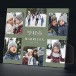 Rustic monogram 6 photo collage family name plaque<br><div class="desc">A collage of six photos surrounds a simple initial and rustic branches along with a name and year. Makes a great keepsake gift. Feature highlights of your year, the best from your family photo shoot, grandkid images, wedding photos and more. The sage green background can be changed by clicking "customise...</div>