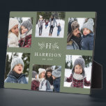 Rustic monogram 6 photo collage family name plaque<br><div class="desc">A collage of six photos surrounds a simple initial and rustic branches along with a name and year. Makes a great keepsake gift. Feature highlights of your year, the best from your family photo shoot, grandkid images, wedding photos and more. The sage green background can be changed by clicking "customise...</div>