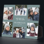 Rustic monogram 6 photo collage family name teal plaque<br><div class="desc">A collage of six photos surrounds a simple initial and rustic branches along with a name and year. Makes a great keepsake gift. Feature highlights of your year, the best from your family photo shoot, grandkid images, wedding photos and more. The soft teal blue background is the default, but other...</div>
