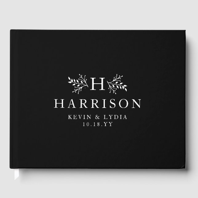 Rustic monogram black and white classic wedding guest book (Front)