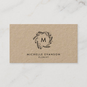 Rustic Monogram Black Floral Wreath Kraft Florist Business Card