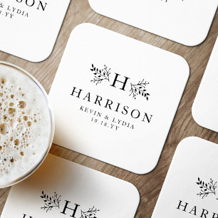 Rustic monogram black white simple classic wedding paper coaster